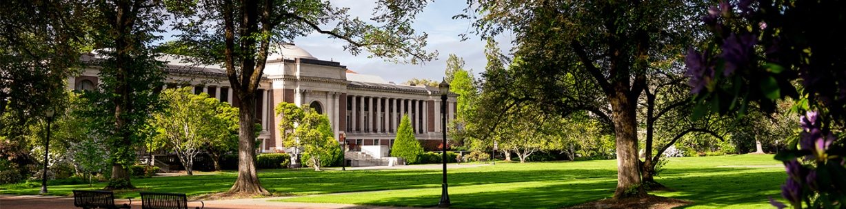 The memorial union is on the lefthand side with trees and the grass of the quad filling the frame.