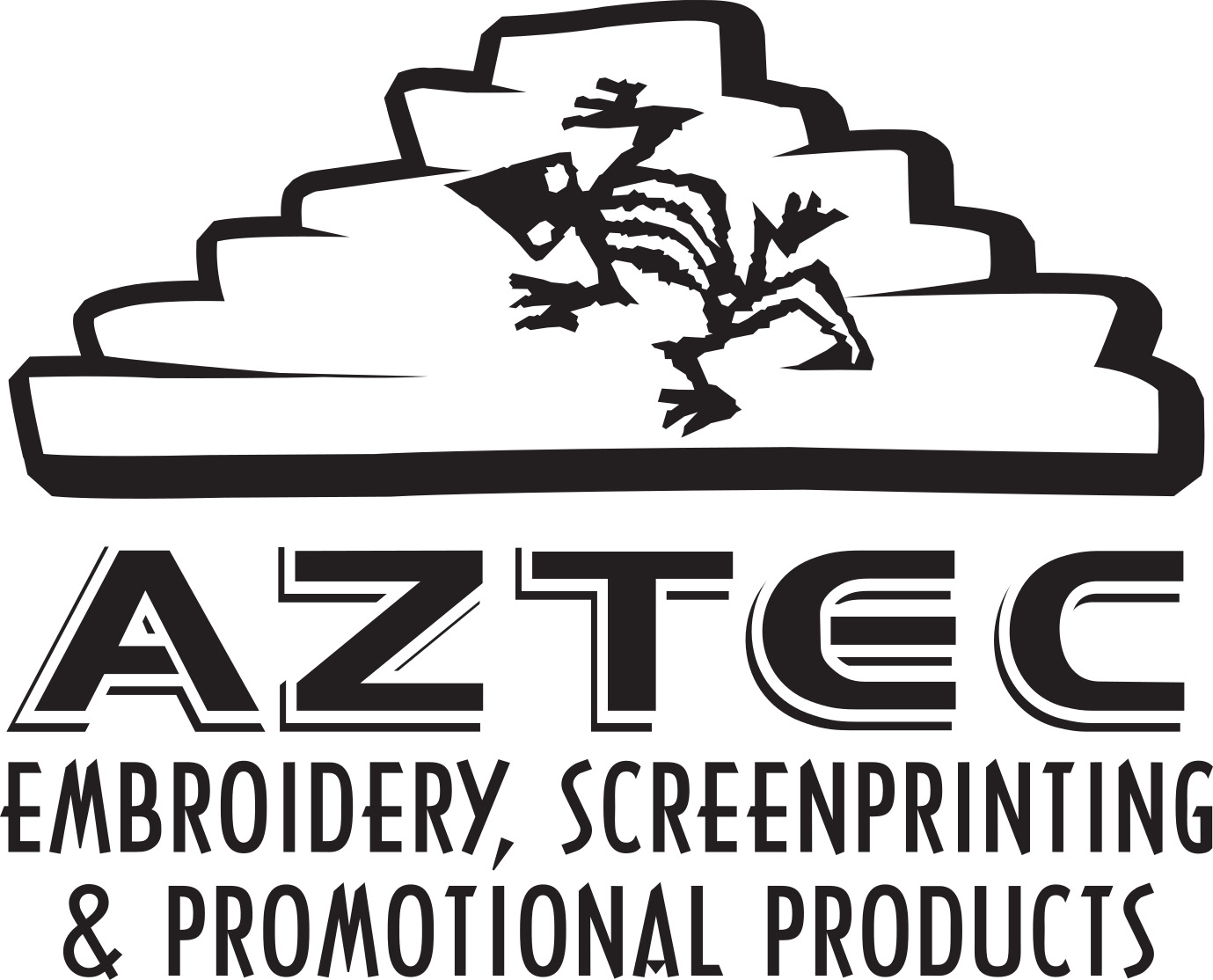 Aztec logo with text 'Embroidery, Screenprinting and Promotional Products