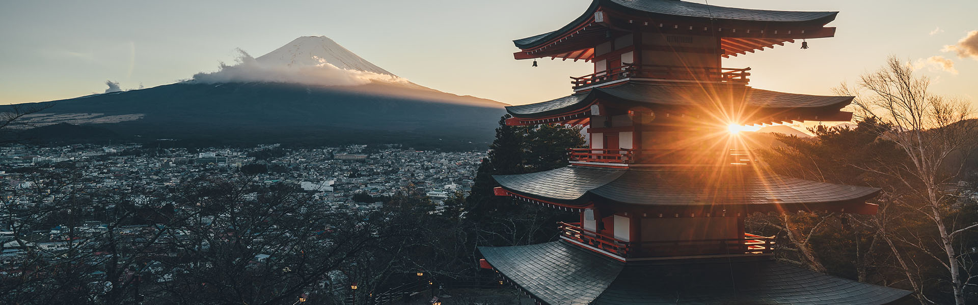View of Japan with japanese architecture and Mount Fuji in background