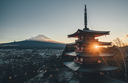 View of Japan with japanese architecture and Mount Fuji in background