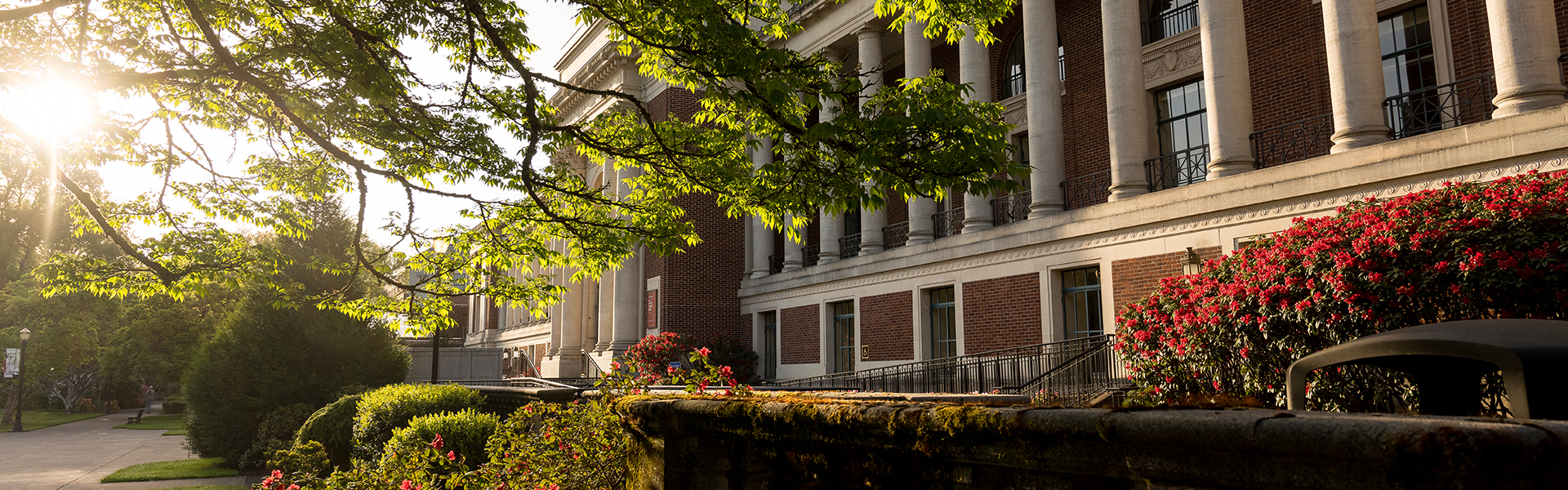 OSU Campus Building with columns, sun shining through trees