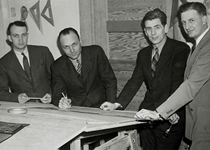 The founders of CH2M Hill including 3 students - Holly Cornell, James Howland and T. Burke Hayes and their professor Fred Merryfield, in black and white