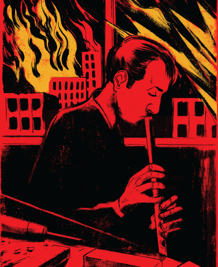 Black, red, and yellow colored printmaking looking artwork of a man playing a flute while a city burns in the background.
