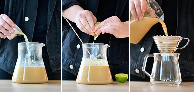 Photos showing three steps to make the key lime pie latte.