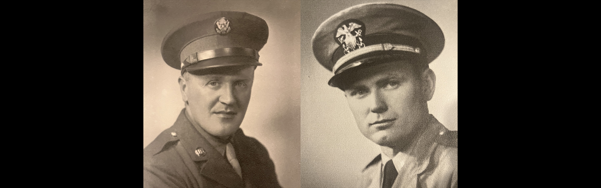 Two side-by-side photos of men in WWII era military uniforms