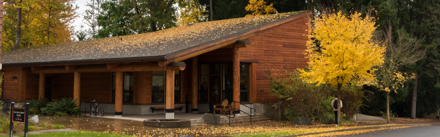 Native American Longhouse building during Fall. There's a tree with yellow leaves and the ground is wet.