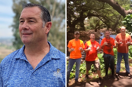 Left image: Headshot of Jay Washabaugh. He's looking off to the side and smiling. Right image: Jay and fellow Beaver alumni at the OSU Day of Service. There are 4 people wearing orange shirts making the 'hang loose' sign with their hands.