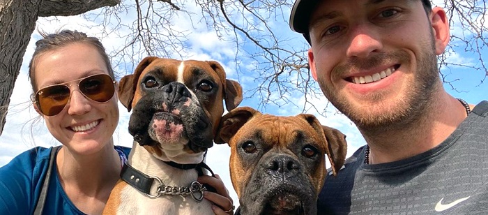 Mitch and Sara Garver with two boxers.