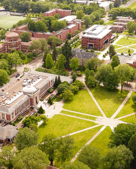 Aerial image showing the MU, quad, Weatherford and IM fields. Lots of greenery and trees as well.