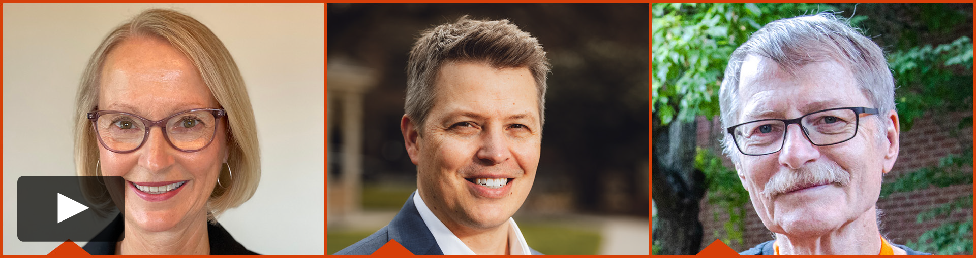 Headshots of Anita Winn, ’79, Matt Morton, Ed.M. ’98, and David Vernier, M.S. ’76 with a play button