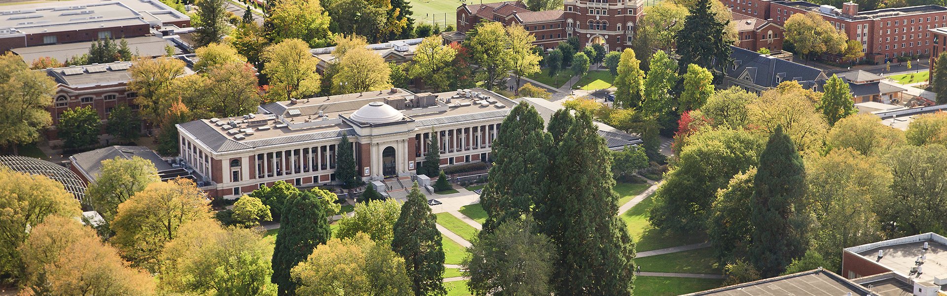 Aerial View of the OSU campus in Corvallis with Memorial Union in the shot, trees surrounding