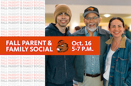 Graphic promoting the Fall Parent & Family Social featuring three people standing together and event details: Oct. 16, 5-7 p.m. next to a Beaver mascot logo.