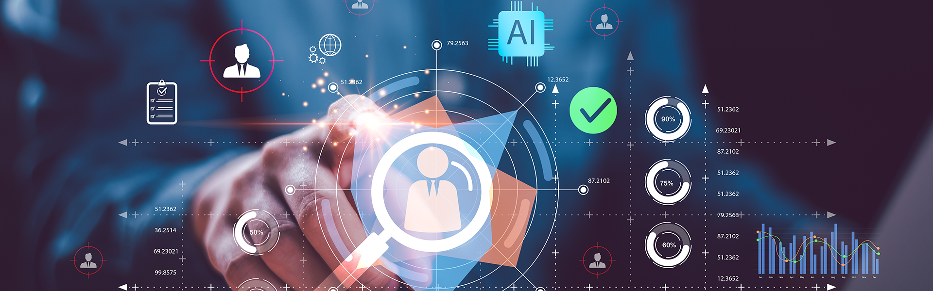 A person interacts with a digital interface displaying icons related to AI.