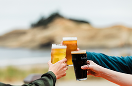 People toast with glasses of beer at a beachside gathering.