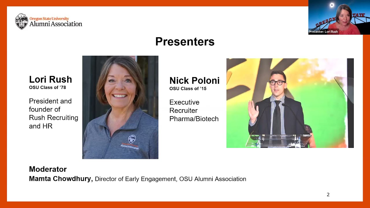 "Presenters, Lori Rush OSU Class of '78, President and founder of Rush Recruiting and HR, Nick Poloni, OSU Class of '13, Executive Recruiter Pharma/Biotech, Moderator Mamta Chowdhury" text with image of Lori, Nick and Mamta in zoom meeting