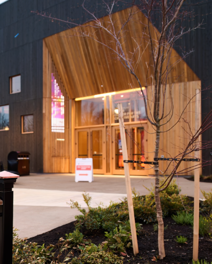 Exterior shot of the PRAx building entrance.